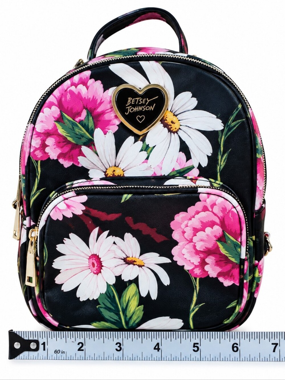 Betsey Johnson Floral Mini Backpack Black Faux Leather Rose Heart Purse Coquette